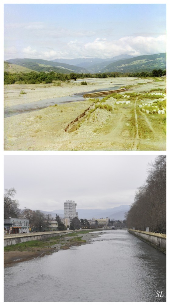 Старое фото С.М.Прокудина-Горского. Река Сочинка до того, как сделали набережную нередко выходила из берегов, затапливая окрестности.